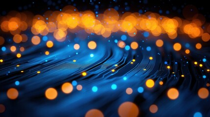 Poster - Abstract digital wave with vibrant blue and orange bokeh lights
