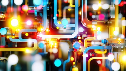Poster - Abstract Network of Glowing Pipes and Spheres with Vibrant Colors and Complex Connections