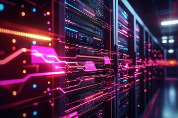 Poster - Futuristic Data Center with Glowing Servers and Neon Lights in a Cyberpunk Style Design