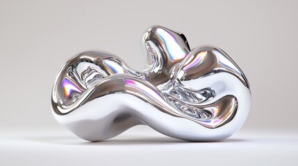 Abstract Chrome Sculpture with Organic Shape Reflective Metallic Surface and Smooth Curves Against a Neutral Background