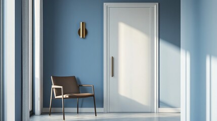 Poster - A sophisticated door hanger mockup is showcased against a serene blue wall, accompanied by a chic chair and stylish wall decor, creating an inviting atmosphere