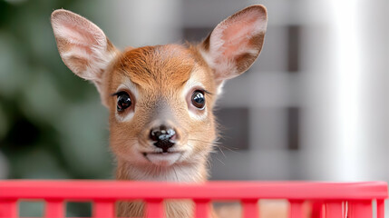 Wall Mural - Fawn in red crate, backyard, curious gaze