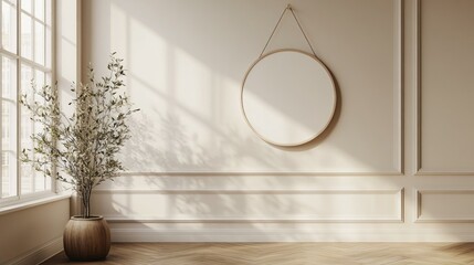 Poster - A beautifully designed door hanger mockup rests against a muted wall, illuminated by soft sunlight. The modern space features a round mirror and a stylish potted plant, creating a calm ambiance