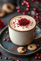 Lattle Art coffee, An elegant minimalist table setting featuring a cup of coffee with rose latte art and cookies with red roses