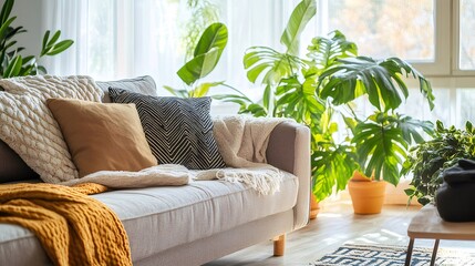 Wall Mural - Cozy living room couch, plants, sunlight