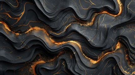 Poster - Abstract metallic waves with gold accents and textured patterns on dark background