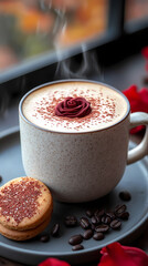 Lattle Art coffee, An elegant minimalist table setting featuring a cup of coffee with rose latte art and cookies with red roses