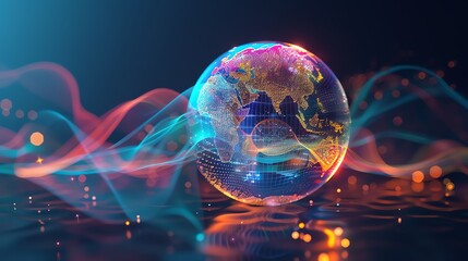 Poster - An abstract, digital rendering of the Earth with glowing lines and particles.