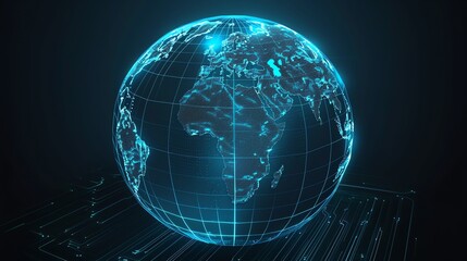 Poster - A glowing, digital globe with a grid pattern and lines connecting to a circuit board.