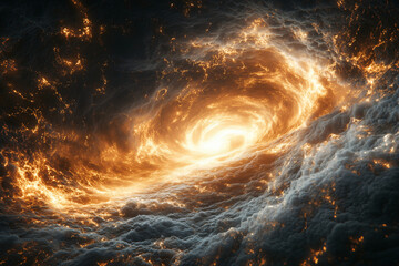 Poster - Cosmic Vortex: A mesmerizing digital rendering of a fiery cosmic vortex, swirling with incandescent energy against a backdrop of dark nebulae.