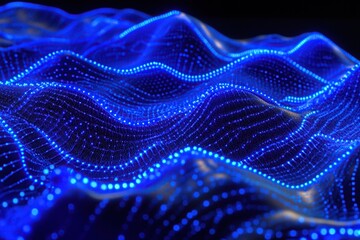 Poster - Abstract Blue Light Waves: Data Visualization of Network Flow, Digital Terrain, Illuminated Surface, Glowing Particles, Dynamic Energy