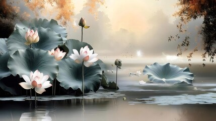 Wall Mural - Serene lotus pond autumn mist sunrise art print