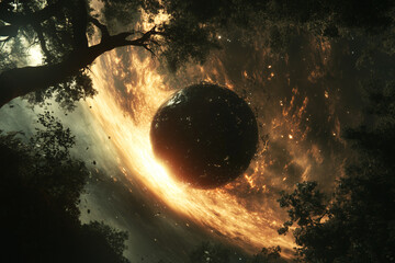 Poster - Celestial Convergence: A dark, enigmatic sphere hangs in the twilight sky above a dense forest, fiery cosmic swirls encircling it creating a surreal, otherworldly scene. 