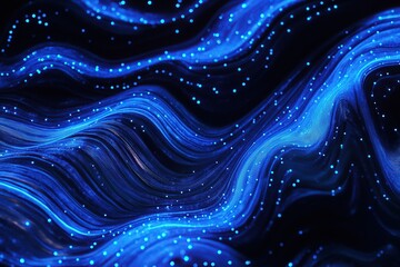 Poster - Abstract Blue Waves with Glowing Particles: Dynamic Digital Art Background