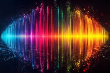 Poster - Rainbow Fountain: Abstract image of a vibrant rainbow fountain with water jets creating colorful streaks of light reflected on the dark surface, resembling a sound wave visualization.