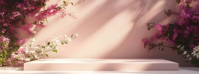 Canvas Print - Pink floral backdrop, platform, sunlight