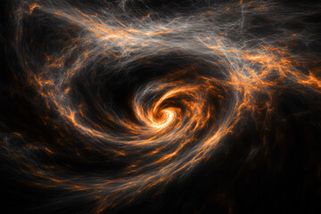 Poster - Cosmic Swirl: An abstract fractal art image depicting a mesmerizing swirling vortex of fiery orange and dark grey hues against a black background, evoking feelings of cosmic energy and mystery. 