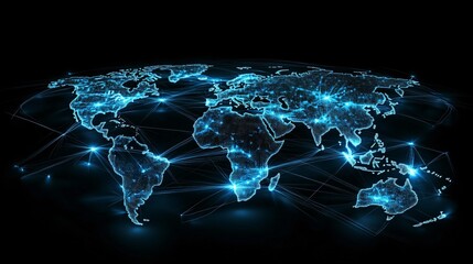Poster - Global Network Connection Digital World Map Abstract Blue Technology Background Futuristic Illuminated Glowing Lines Dots Digital Art Illustration web