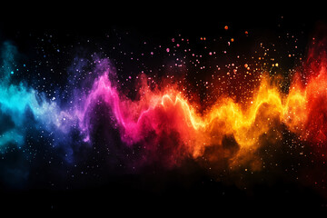 Poster - Cosmic Nebula: A vibrant, abstract nebula swirls with fiery orange, crimson, and teal hues against a backdrop of deep black space, dusted with shimmering stardust.