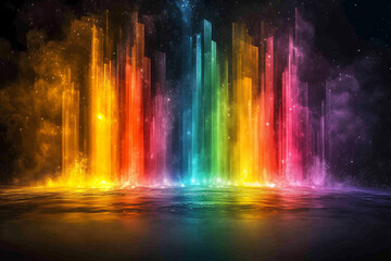 Poster - Rainbow Cityscape: A vibrant, surreal cityscape of rainbow-hued light pillars rises from a reflective surface, creating a mesmerizing spectacle of color and light against a dark, starry background.
