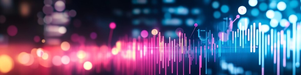 Poster - Vibrant Financial Chart With Data Markers And Curved Paths On Dark Background With Defocused Lights