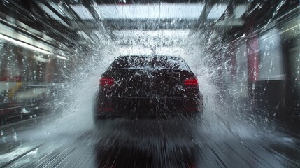 Poster - A motion-blurred image of a car moving through a high-speed automatic wash.