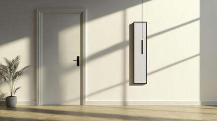 Poster - Bright sunlight filters through the spacious room, casting soft shadows on a minimalist door hanger. A decorative plant adds a touch of nature to the elegant decor, enhancing the tranquil atmosphere