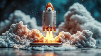 Poster - A sleek rocket takes off from a smartphone screen amidst clouds, symbolizing the intersection of technology and human innovation.