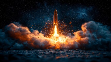 Poster - An explosive rocket launch against a starry backdrop, capturing the thrill of space exploration and the power of human ingenuity, with vivid flame and smoke effects.