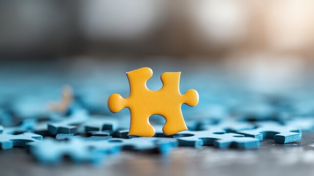 A singular yellow puzzle piece stands out among scattered blue pieces, symbolizing individuality and the quest for connection and completion in a larger picture.
