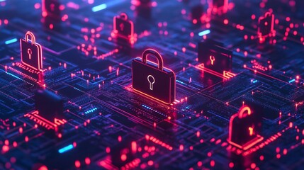 Poster - Cybersecurity Digital Padlock Network Security System Abstract Technology Background Neon Glowing Padlocks Digital Data Protection Internet Privacy   
