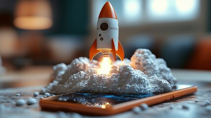Poster - This image creatively shows a rocket taking off from a smartphone, symbolizing innovation and technology merging in a captivating visual metaphor for modern advancements.