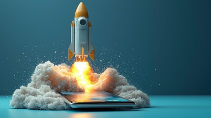 Poster - A stylish rocket launching off a smartphone screen, surrounded by soft clouds, symbolizes innovation and modern technology, igniting the imagination with its bright colors and design.