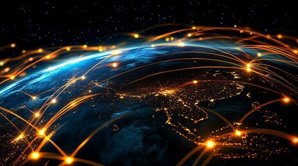 Poster - Global Network Connections Digital Earth Orange Lines Illuminated Planet Night View Technology Abstract Background Modern Futuristic Illustration     