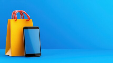 Yellow Shopping Bag and Smartphone on Blue Background