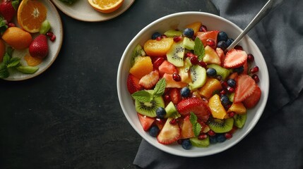 Wall Mural - Delicious fruit salad bowl, kitchen setting