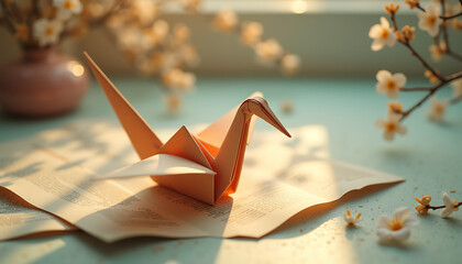 Wall Mural - Origami crane on open book with blooming flowers