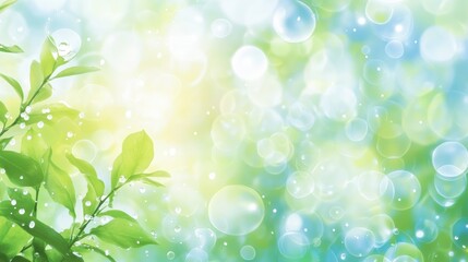 Fototapete - Bright green leaves glisten with water droplets in a vibrant, softly blurred background during daylight hours. Generative AI