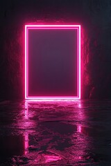 Poster - neon light frame glows vibrantly on dark wall, reflecting on wet floor, creating a striking visual d