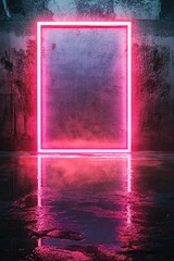 Poster - Neon Glow: Pink Light Frame Illuminates Grungy Wall, Reflecting in Puddled Floor, Creating a Vivid, Atmospheric Scene