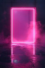 Poster - Pink Neon Light Frame Glows in Dark Room, Reflecting on Wet Floor, Creating Futuristic Atmosphere