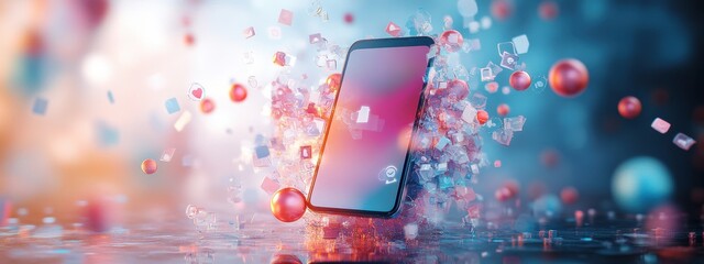 Aufkleber - Dynamic Smartphone Surrounded by Colorful Digital Icons and Abstract Shapes in a Vivid Background