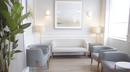 Poster - A bright and airy doctor's office lounge with white walls, neutral gray seating, and oak wood floors.