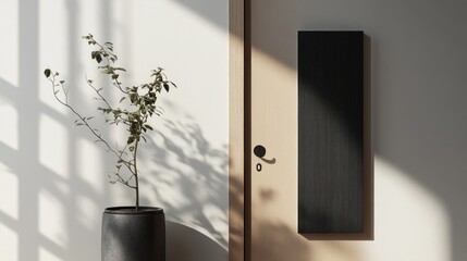 Poster - This door hanger mockup displays a sleek, minimalist design positioned beside a stylish plant in a contemporary indoor environment. Soft shadows add warmth and elegance