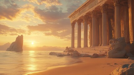 Wall Mural - Coastal Temple Sunset Ancient ruins on a sandy beach at sunset, mountains in background; ideal for historical or fantasy settings