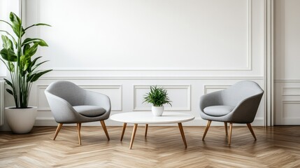 Poster - A calming medical office reception area with white walls, soft gray chairs, and stylish oak wood floors.