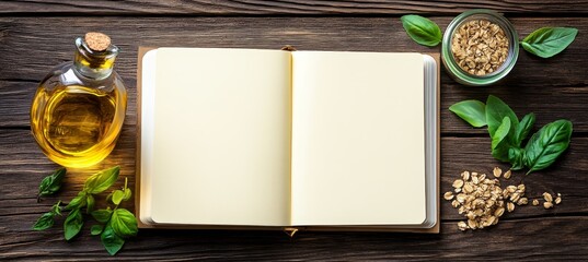 Wall Mural - Recipe Inspiration Open Notebook, Healthy Oil, and Grains on Rustic Kitchen Table, Top View