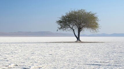 Poster - A single tree standing in the middle of a vast white desert