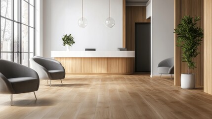 Poster - A calming medical office reception area with white walls, soft gray chairs, and stylish oak wood floors.