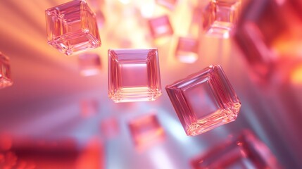 Floating transparent rose quartz cubes in a soft light display